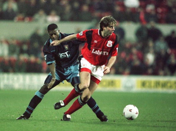 13 Mar 1996:  Ugo Ehiogu of Aston Villa puts pressure on Ian Woan of Nottingham Forest  during Aston Villa's FA Cup Quarter Final Match against Not...