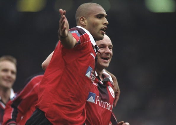 21 Mar 1998:  Pierre Van Hooijdonk of Nottingham Forest celebrates scoring a goal during the match between Birmingham City and Nottingham Forest in...