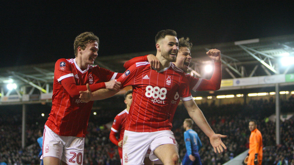 Forest celebrate taking a 3-1 lead over Arsenal thanks to a Ben Brereton penalty during The Emirates FA Cup Third Round match between Nottingham Fo...