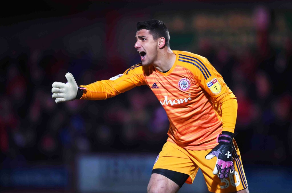 ACCRINGTON, ENGLAND - APRIL 03: Dimitar Evtimov of Accrington Stanley gestures during the Sky Bet League One match between Accrington Stanley and S...