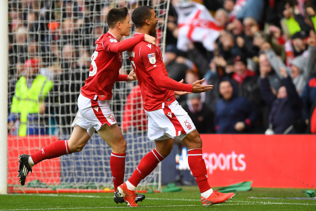 Lewis Grabban (7) of Nottingham Forest celebrates after scoring a goal to make it 1-0 during the Sky Bet Championship match between Nottingham Fore...