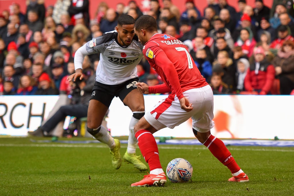 Lewis Grabban (7) of Nottingham Forest battles with Max Lowe (25) of Derby County during the Sky Bet Championship match between Nottingham Forest a...