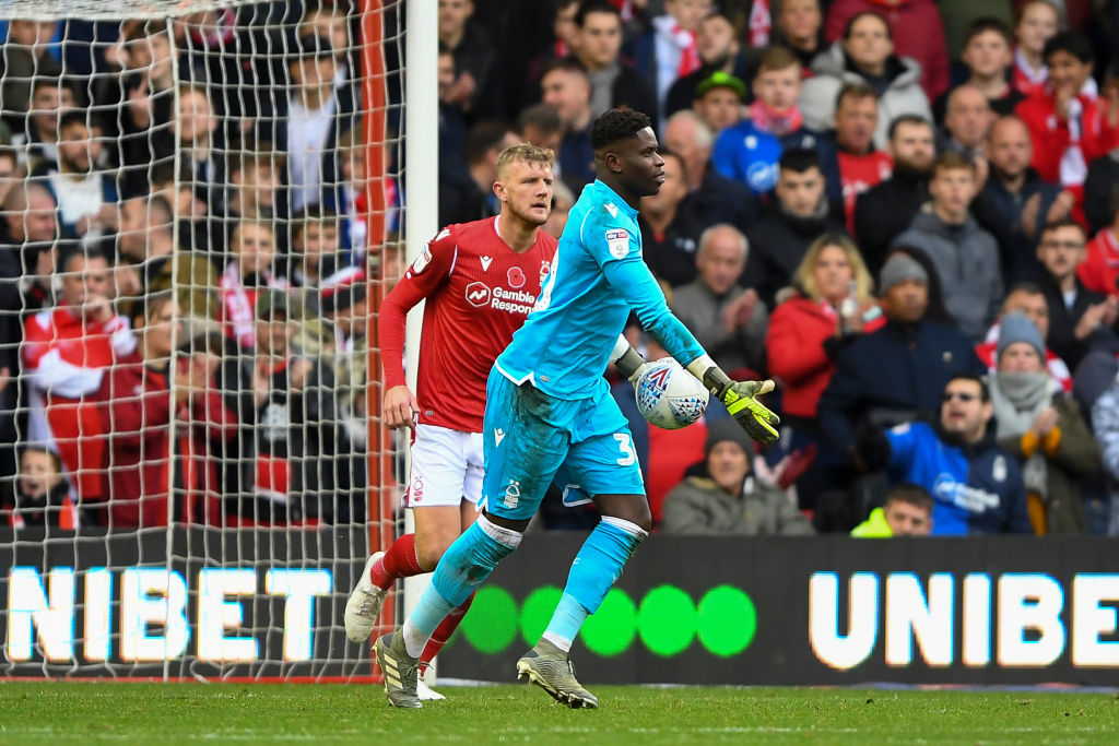 Brice Samba (30) of Nottingham Forest during the Sky Bet Championship match between Nottingham Forest and Derby County at the City Ground, Nottingh...