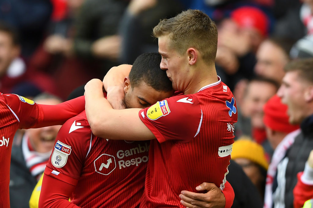 Ryan Yates (22) of Nottingham Forest kisses Lewis Grabban (7) of Nottingham Forest during the Sky Bet Championship match between Nottingham Forest ...