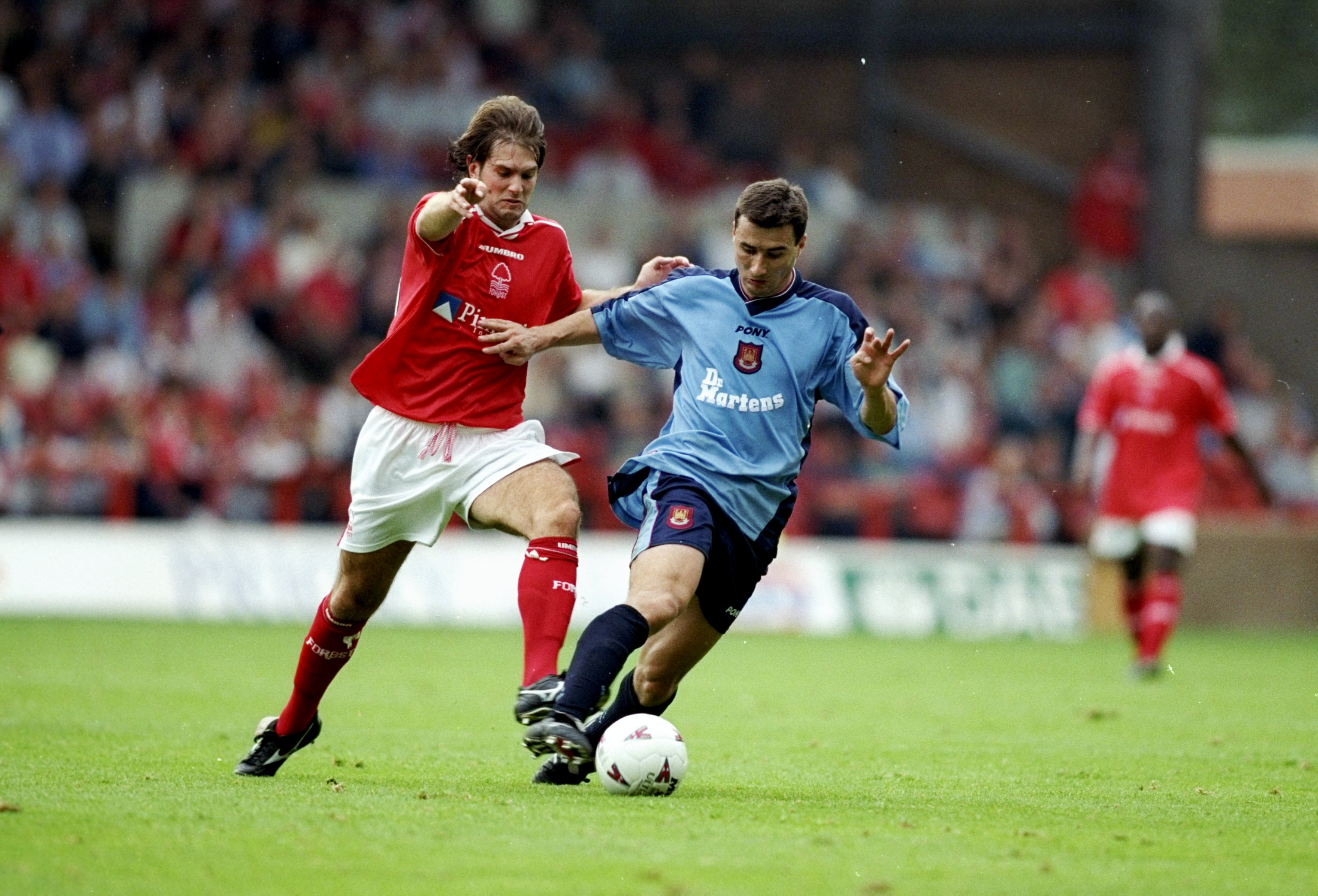 19 Sep 1998:  Marc Keller of West Ham United is harassed by Andy Johnson of Nottingham Forest during the FA Carling Premiership match at the City G...