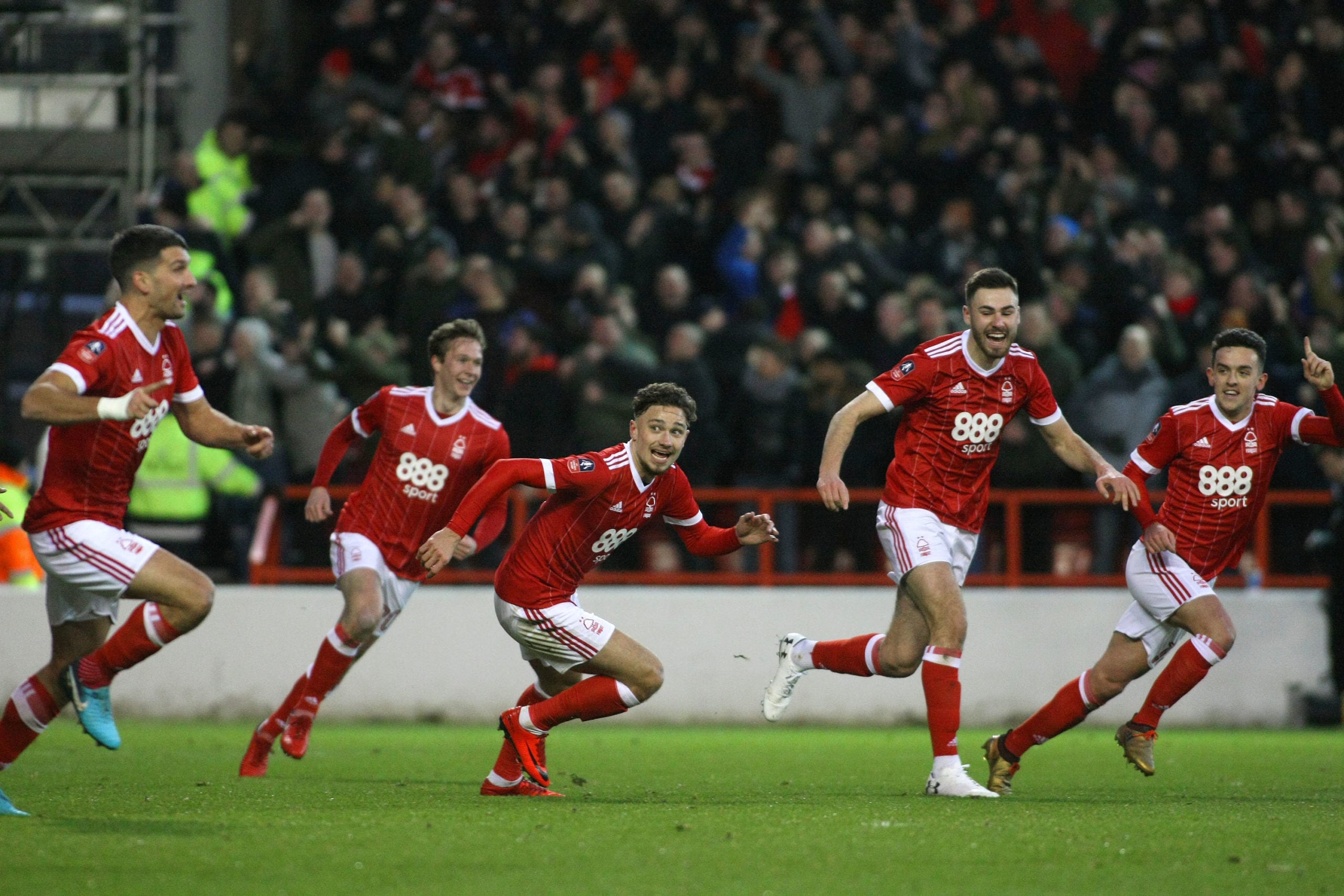 Nottingham Forest celebrate going ahead through Eric Lichaj's header  during The Emirates FA Cup Third Round match between Nottingham Forest and Ar...
