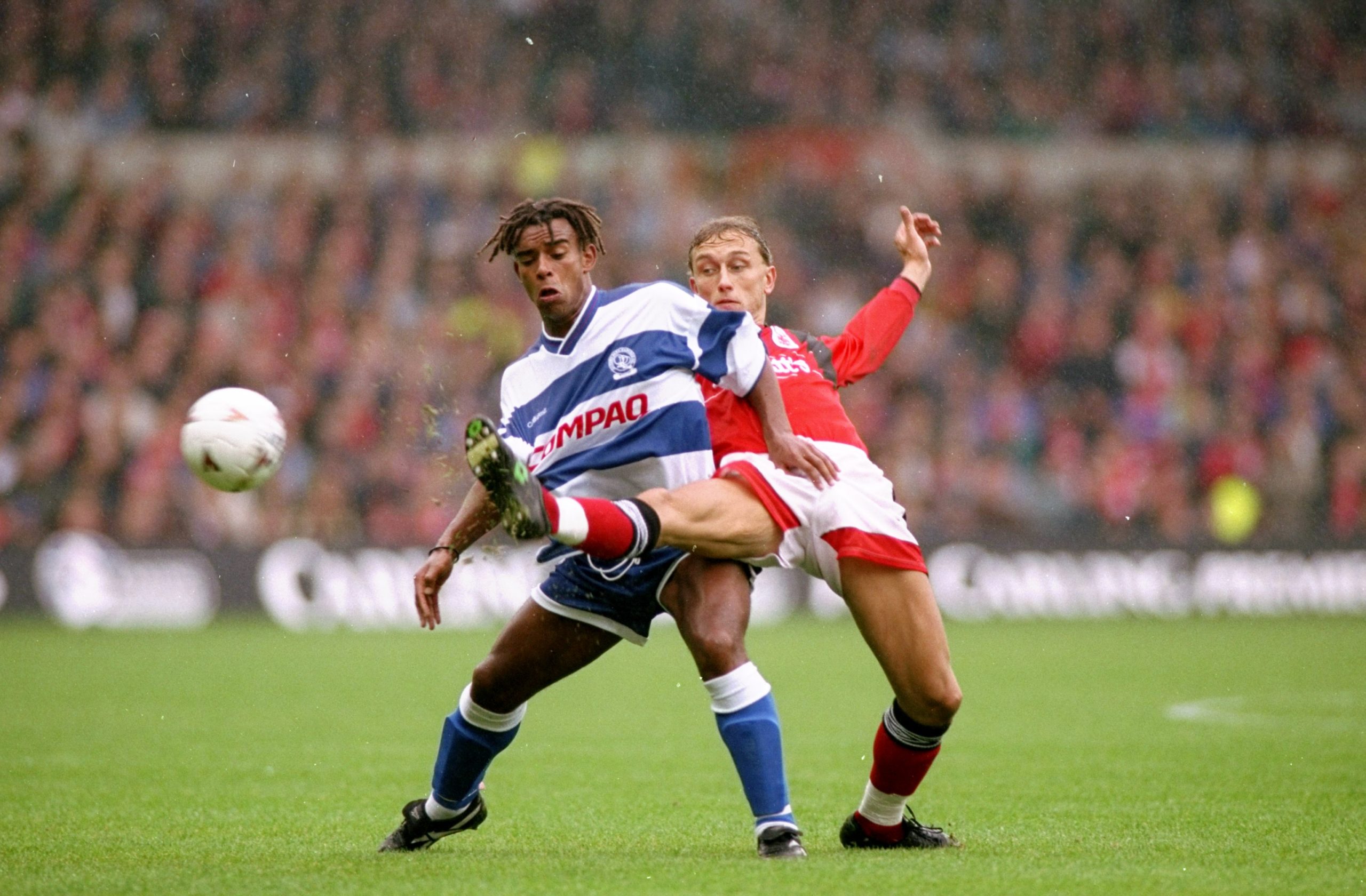 2 Oct 1994:  Lars Bohinen of Nottingham Forest takes on Trevor Sinclair of Queens Park Rangers during an FA Carling Premiership match in England.  ...