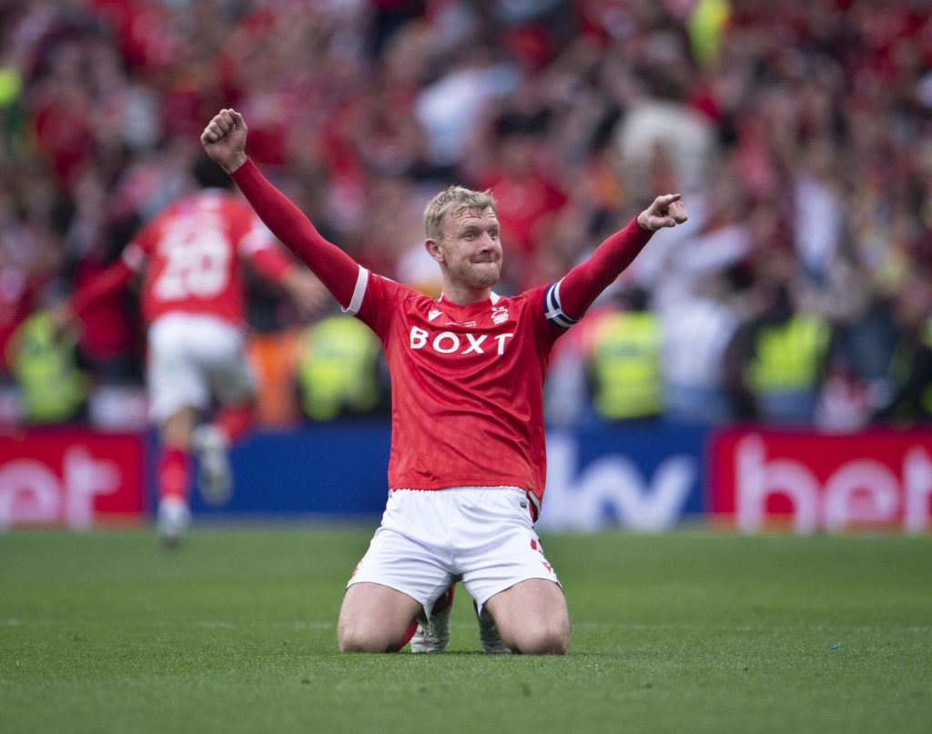 Joe Worrall celebrates after Nottingham Forest won the 2022 Championship play-off final