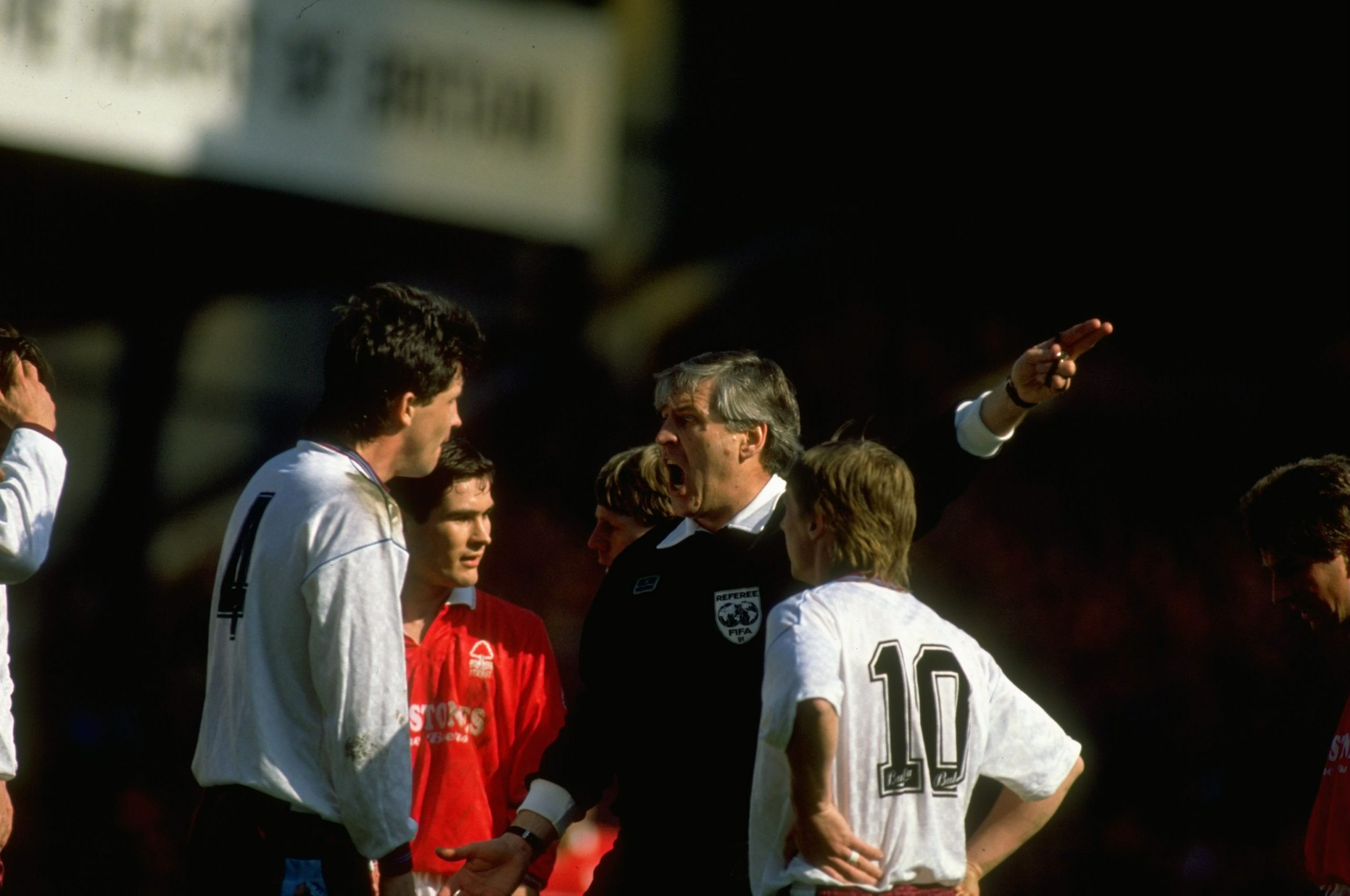 1991:  Tony Gale #4 of West Ham is sent off after being shown the red card by referee Keith Hackett during the FA Cup Semi-Final against Nottingham...