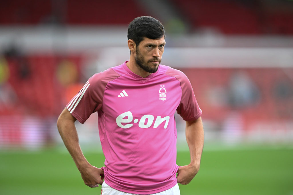 Scott McKenna warms up before the Premier League match between Nottingham Forest and Sheffield United