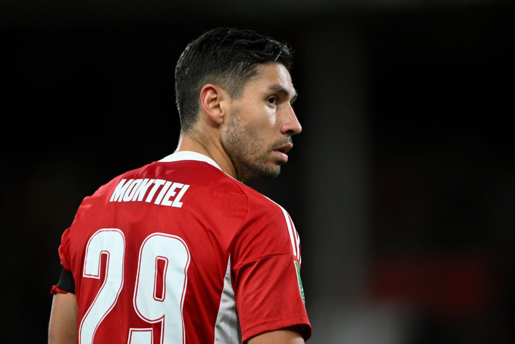 Nottingham Forest defender Gonzalo Montiel in action v Burnley in Carabao Cup Second Round before injury concern with Argentina
