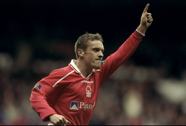 14 Nov 1999:  Alan Rogers of Nottingham Forest salutes his 44th minute goal during the Nationwide First Division match against Hudderfield Town pla...