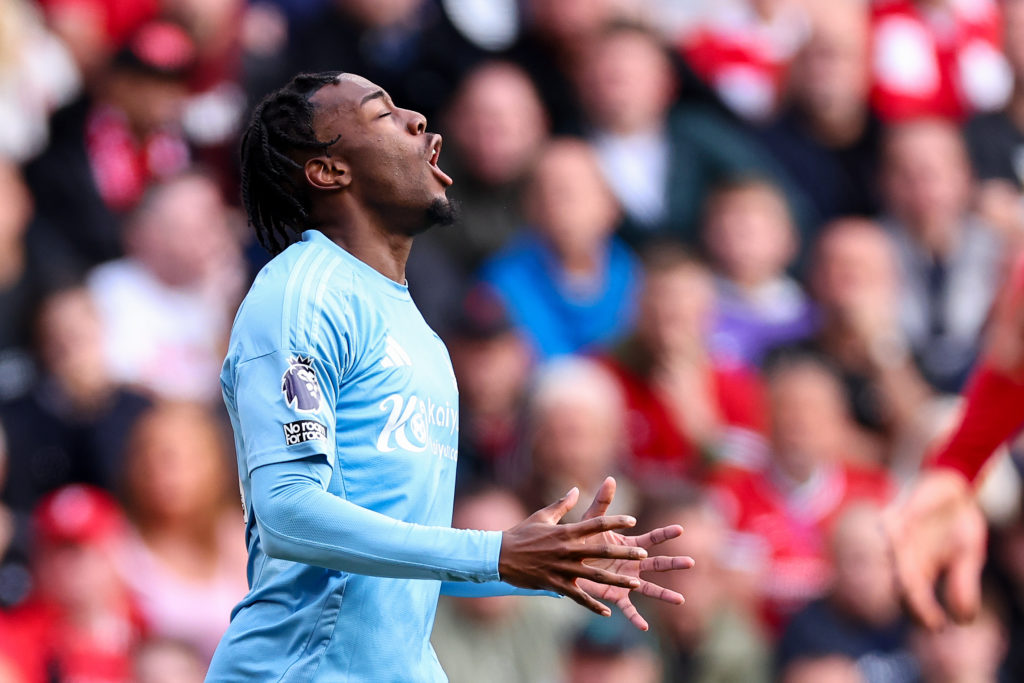 Anthony Elanga reacts to a missed opportunity for Nottingham Forest against Liverpool
