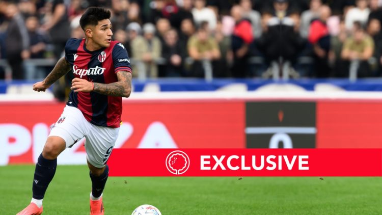 Santiago Castro of Bologna FC in action during the Serie A football match between Bologna FC and Parma Calcio. Overlaid, an exclusive banner.