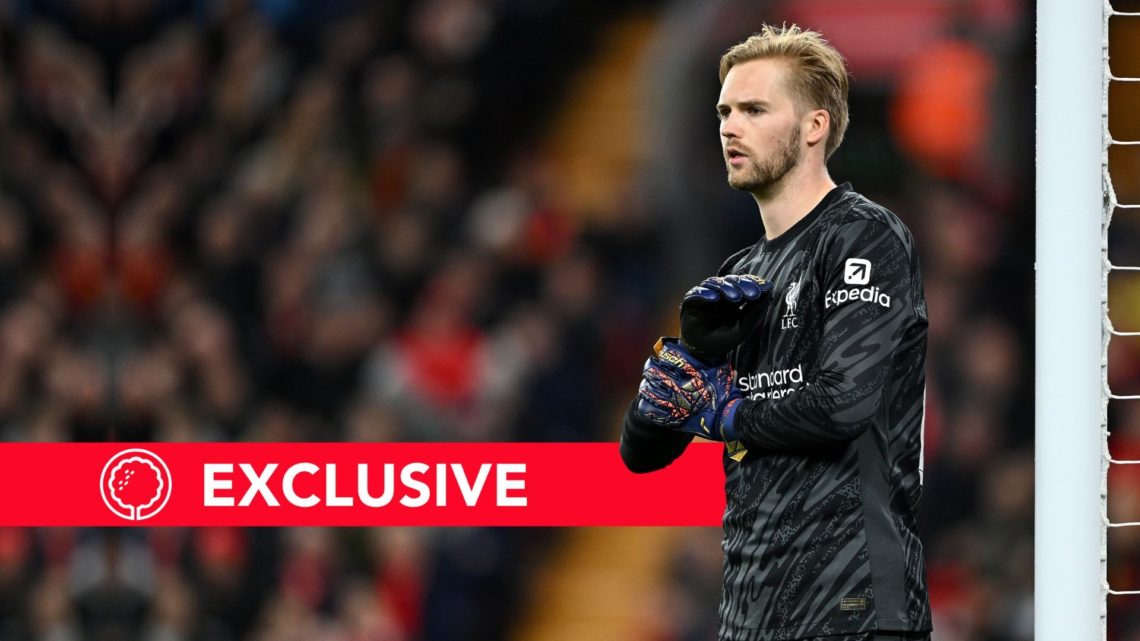 Caoimhin Kelleher of Liverpool during the Carabao Cup Third Round match between Liverpool and West Ham United. Overlaid, an exclusive banner.