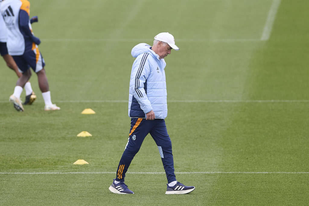 Carlo Ancelotti, the head coach of Real Madrid CF, looks on
