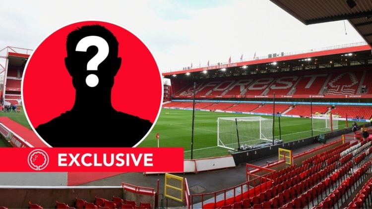 A general view inside the City Ground during the Premier League match between Nottingham Forest and West Ham United. Inset, a silhouetted player.