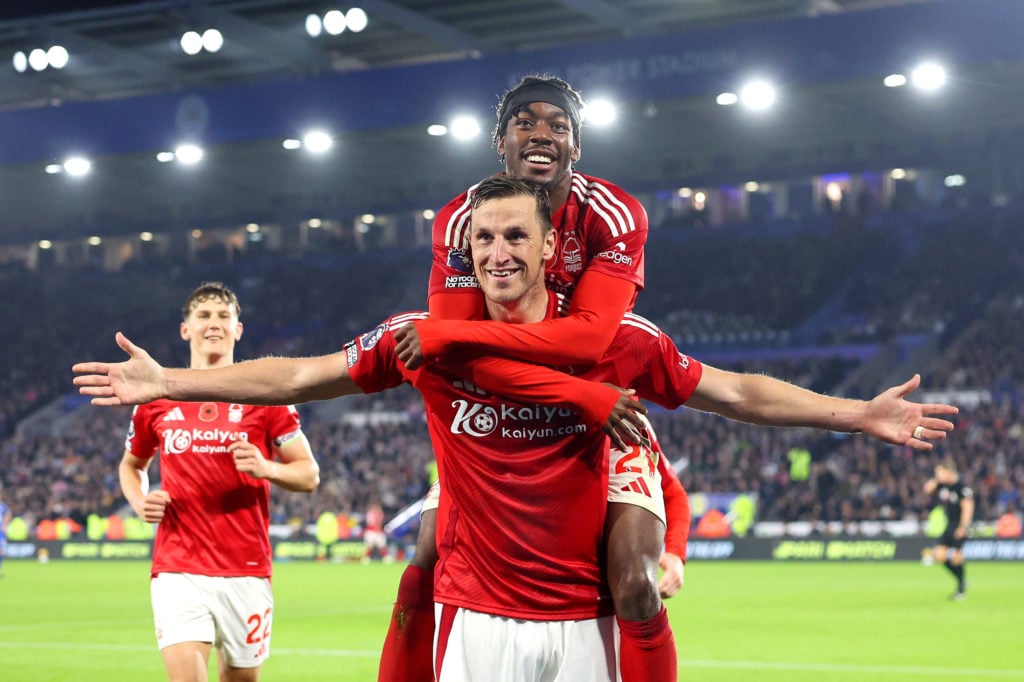 Anthony Elanga and Chris Wood celebrate after the latter's Premier League goal for Nottingham Forest against Leicester.