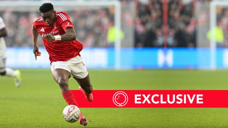 Taiwo Awoniyi of Nottingham Forest runs with the ball during the Emirates FA Cup Third Round match between Nottingham Forest and Luton Town at the ...
