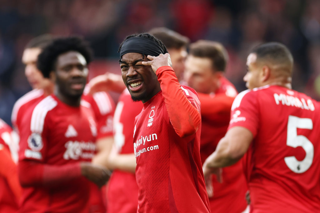 Anthony Elanga celebrates after Chris Wood scores for Nottingham Forest in their 7-0 Premier League win against Brighton.
