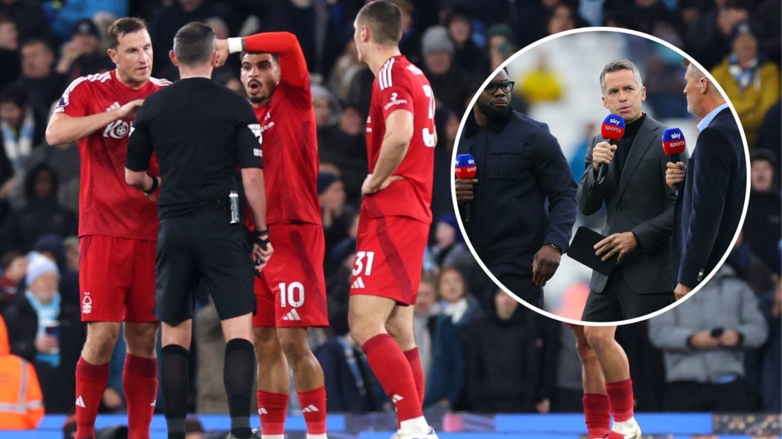 Main: Nottingham Forest players demand penalty in game vs Manchester City. Inset: Pundits awaiting Manchester City vs Arsenal