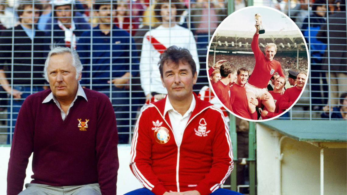 Main: Peter Taylor and Brian Clough watch the 1980 European Cup final between Forest and Hamburg Inset: Bobby Moore lifts the World Cup for England...