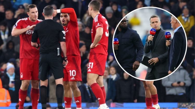 Main: Nottingham Forest players demand penalty in game vs Manchester City. Inset: Pundits awaiting Manchester City vs Arsenal