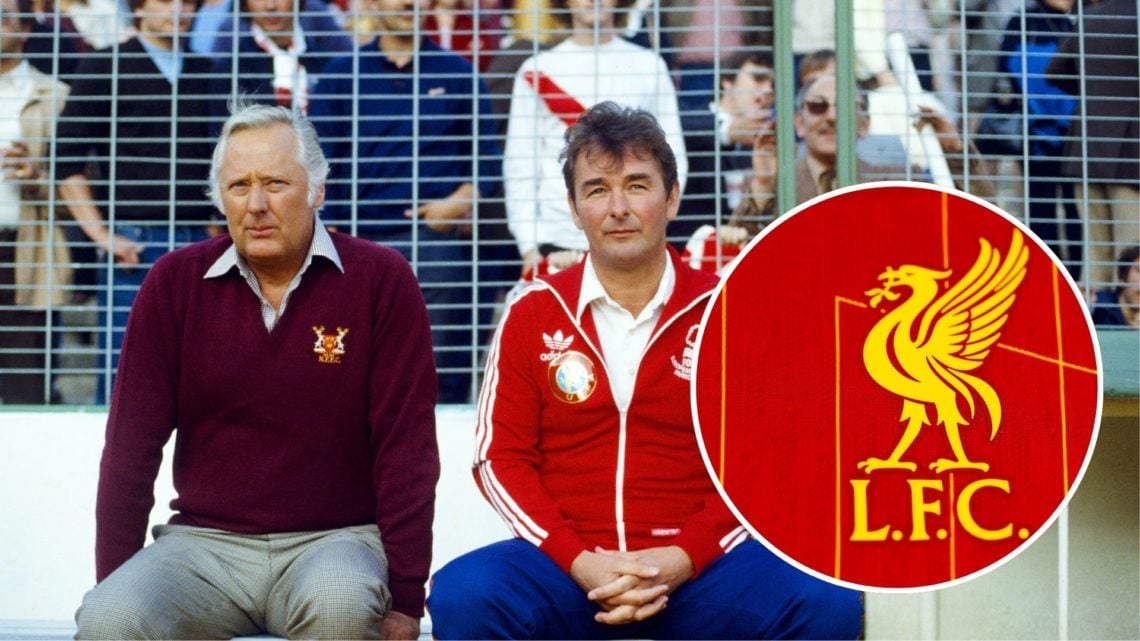 Alt Text: Main: Brian Clough and Peter Taylor watch the European Cup Final and an inset of Liverpool's logo