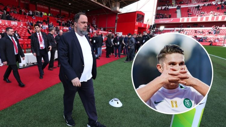Main: Evangelos Marinakis ahead of Forest vs Manchester City and inset of Viktor Gyokeres