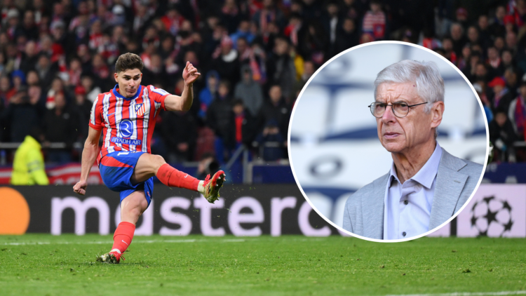 Main: Atletico Madrid striker Julian Alvarez takes a penalty for Atletico Madrid vs Real Madrid and Inset: former Arsenal boss Arsene Wenger