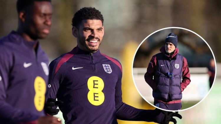 Main: Morgan Gibbs-White in England training and Inset: Thomas Tuchel oversees the England training camp