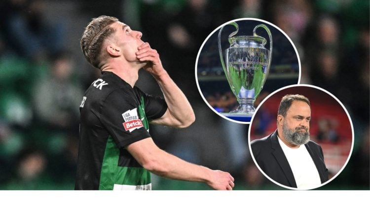 Main: Viktor Gyokeres plays for Sporting CP and Insets of the Champions League trophy (top) and Evangelos Marinakis (bottom)