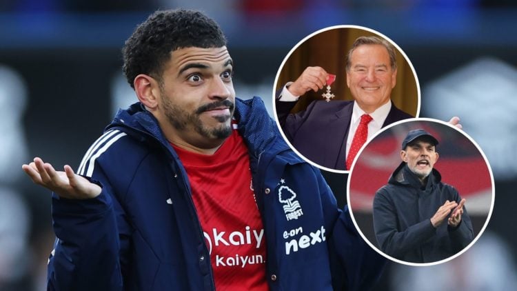 Main: Morgan Gibbs-White of Nottingham Forest with insets of Top: Jeff Stelling and Bottom: Thomas Tuchel
