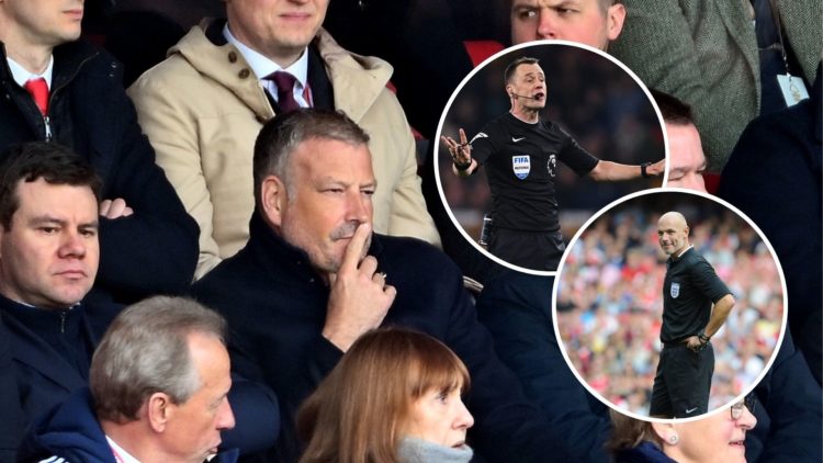 Main: Mark Clattenburg watches on in Technical Advisor role of Nottingham Forest and Inset (Top): Stuart Attwell and (Bottom): Howard Webb