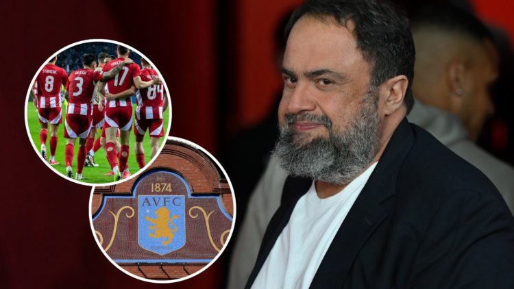 Main: Evangelos Marinakis at a recent Forest game, with insets of Aston Villa's badge (top) and Charalampos Kostoulas of Olympiacos (bottom)