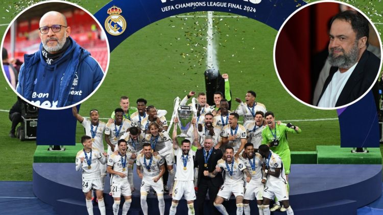 Main: Real Madrid lift the Champions League title, Insets: Top: Nuno Espirito Santo and Bottom: Evangelos Marinakis