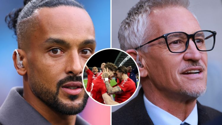 Theo Walcott working on Manchester City vs Arsenal, right: Gary Lineker and inset of Nottingham Forest celebrating