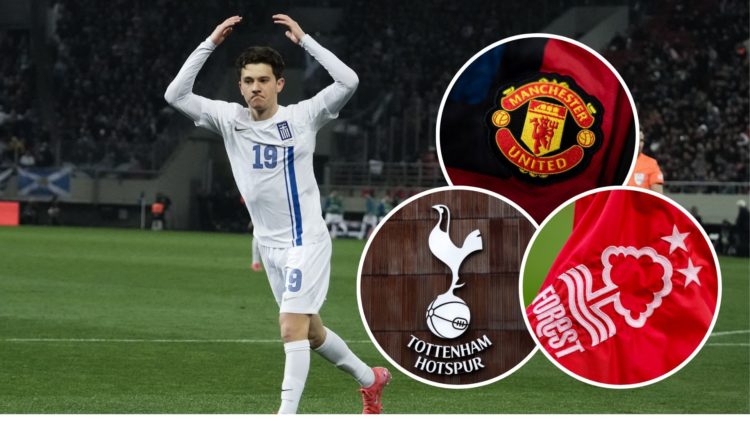 Konstantinos Karetsas scores for Greece vs Scotland, Inset: Manchester United, Forest and Tottenham badges