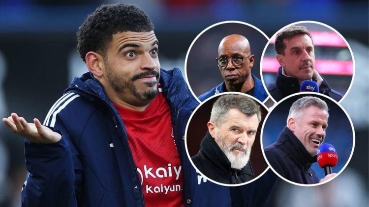 Main: Nottingham Forest player Morgan Gibbs-White and insets of Roy Keane, Gary Neville, Ian Wright and Jamie Carragher