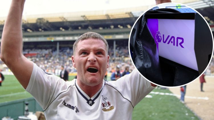 Tottenham Hotspur player Paul Gascoigne celebrates in front of the Spurs fans after the 1991 FA Cup Semi Final victory against Arsenal. Inset: VAR ...
