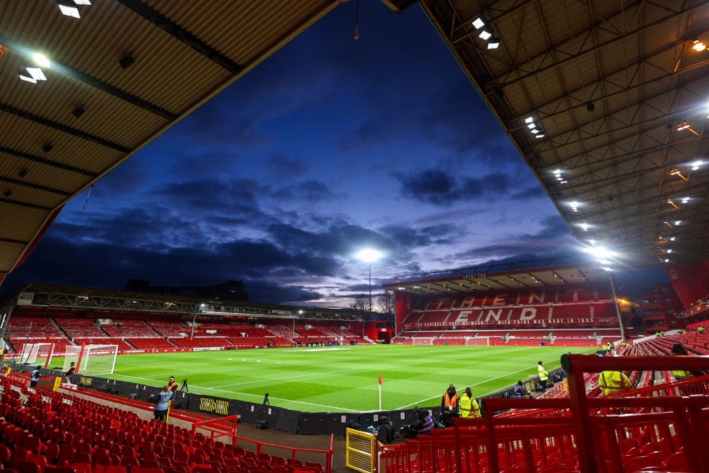 A general interior view of the City Ground at night