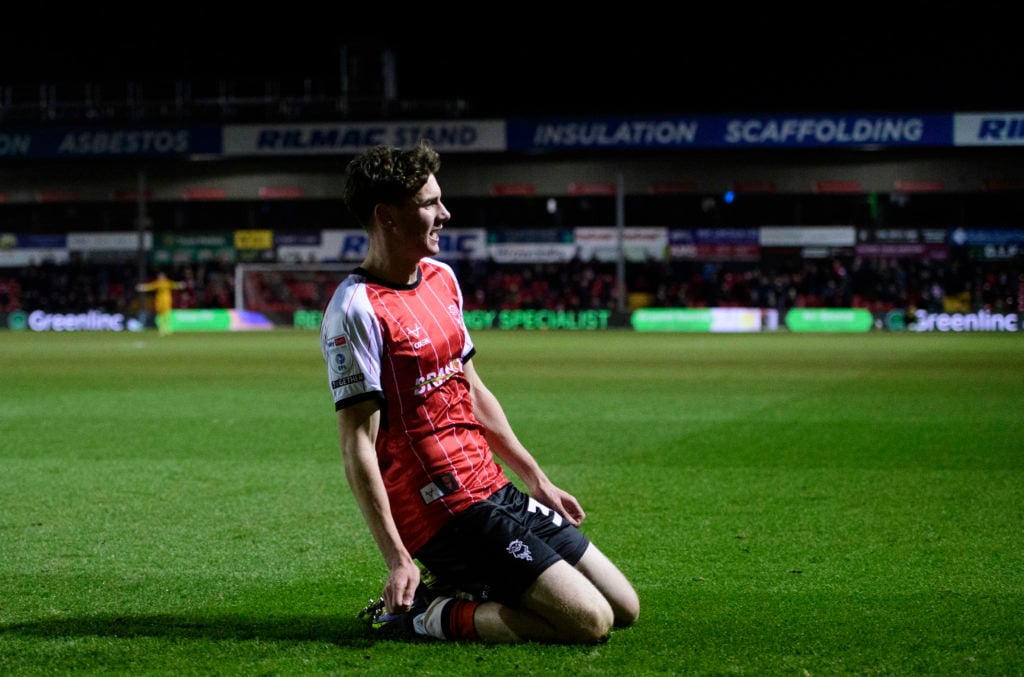 Joe Gardner celebrates scoring for Lincoln City against Crawley Town