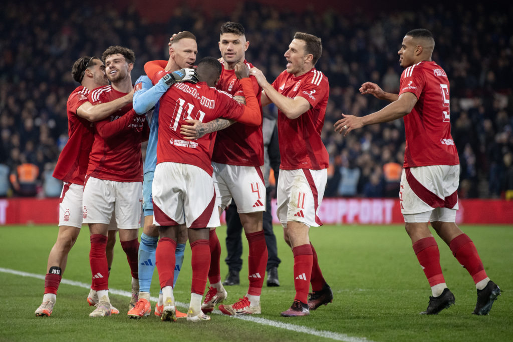 Forest celebrate after beating Ipswich on penalties in the FA Cup.