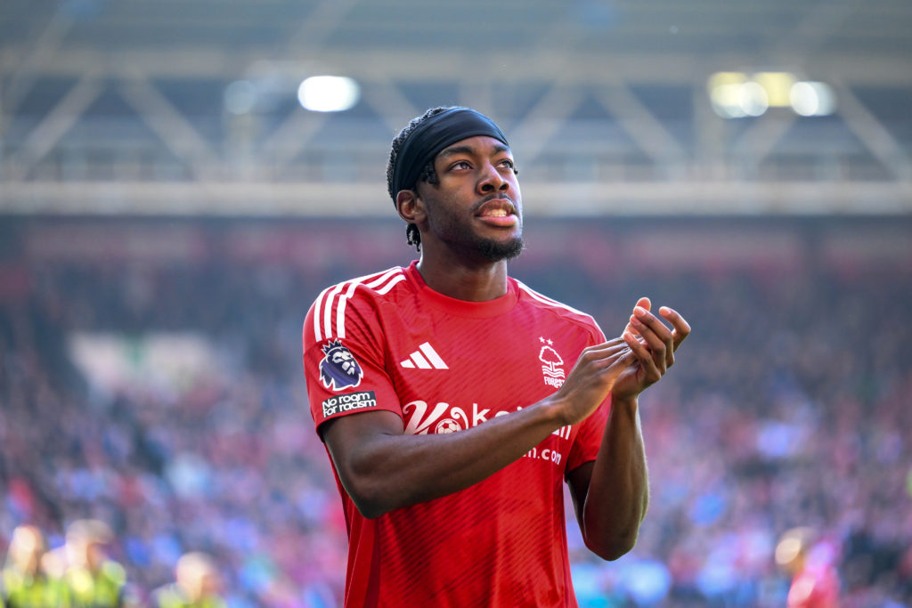 Anthony Elanga applauds the fans after Nottingham Forest beat Manchester City in the Premier League