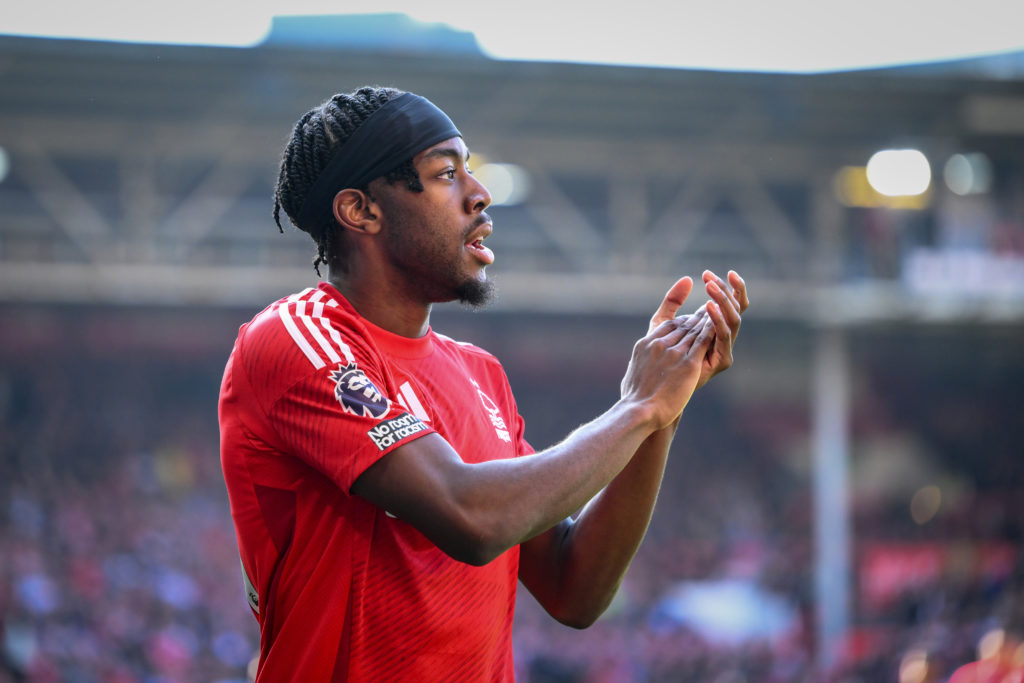 Anthony Elanga applauds his team's supporters after the Premier League match between Nottingham Forest and Manchester City