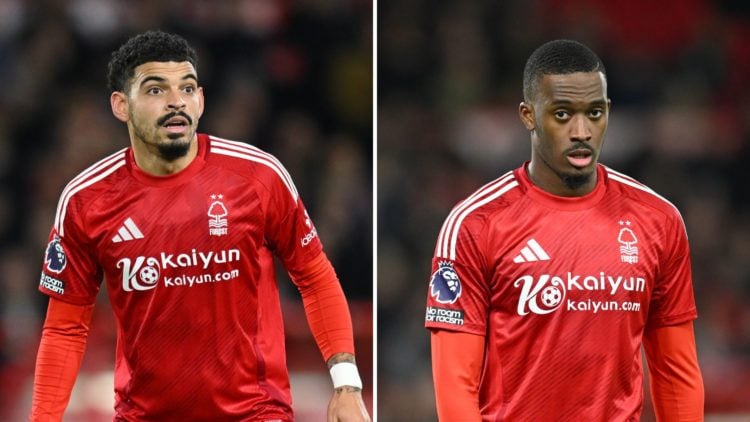 Split image of Morgan Gibbs-White of Forest looks on during the Premier League match between Nottingham Forest FC and Aston Villa FC at City Ground...