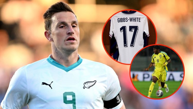 Chris Wood (left) captains the New Zealand side during a World Cup qualifier, an inset of Morgan Gibbs-White's England shirt at Wembley Stadium and...