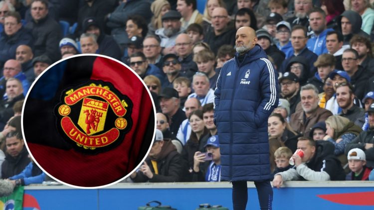 Main: Nuno Espirito Santo stands on the touchline vs Brighton and an inset of the Manchester United badge