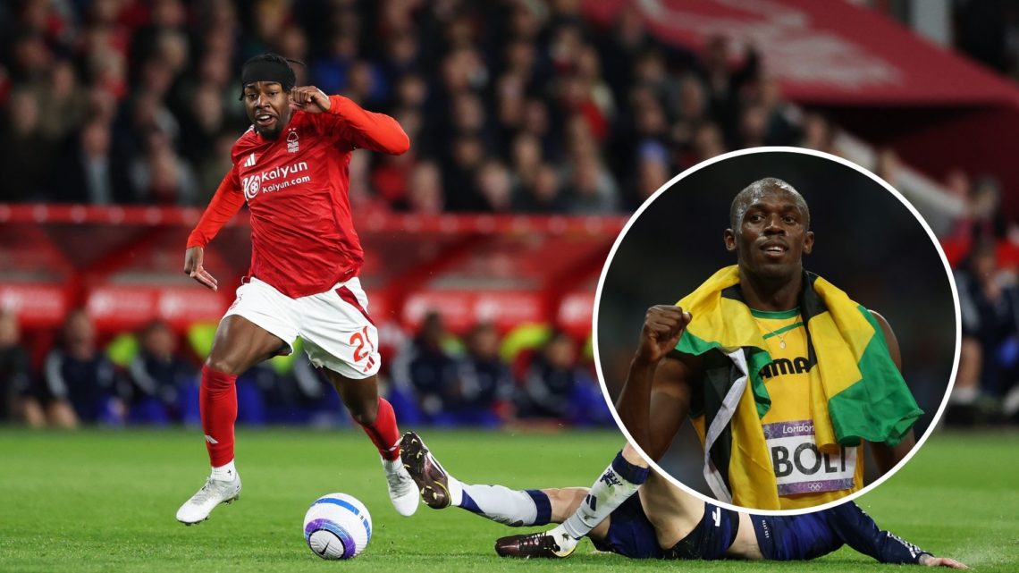 Main: Anthony Elanga of Nottingham Forest and an inset of Usain Bolt