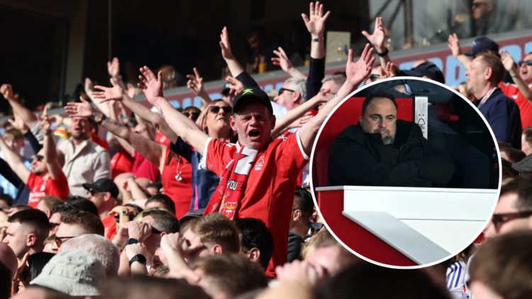Main: Nottingham Forest supporters vs Manchester City and an inset of Evangelos Marinakis
